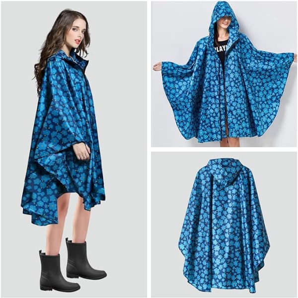 Regnfrakke til kvinder, lang regnponcho, vandtæt regntøj, regnjakke, vindtæt regnslag, regnfrakke, regntøj med klappe Navy blue