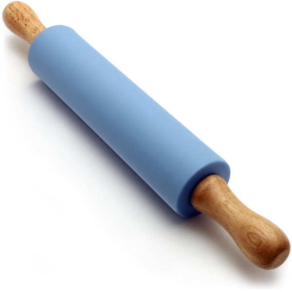 Liten non-stick silikonkjevle med trehåndtak for baking, mini kjevle for deig, fondant, pizza - Blå 30cm (12\")