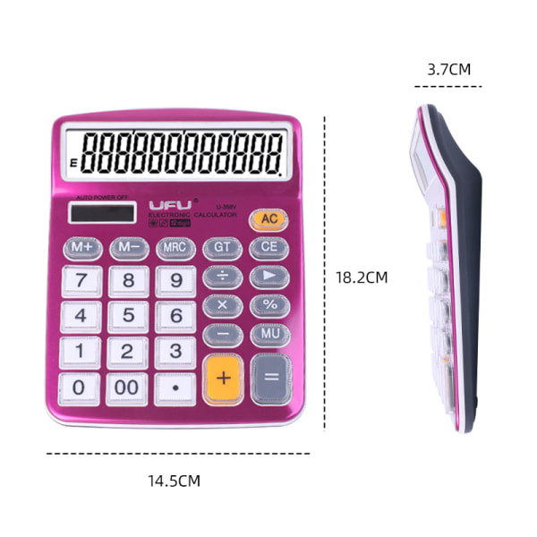 Skrivebordslommeregner 12 cifre med stort LCD-display og følsom knap, sol- og batteridobbelt strømforsyning, standardfunktion (lilla)