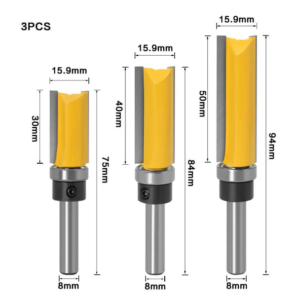 3PCS 8mm skaft flush trimmekutter - Trimmekutter kopikutter med topplager - Trefresemaskiner