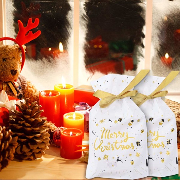 Guld glædelig jul 48-50 stk. julesnøre gaveposer juletræ gaveindpakningsposer Presentpakkepose Plast sød godbid Goody chokoladepose