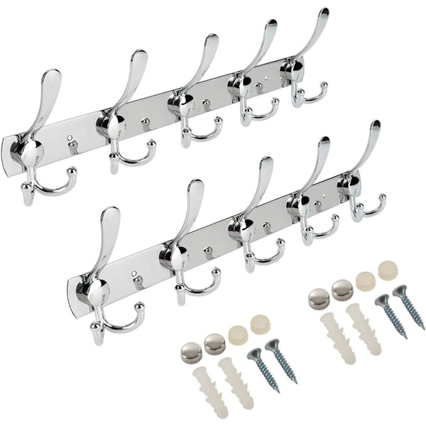 Väggkrok i rostfritt stål, klädkrokar för kappa/handduk/hatthylla, silver, 40 cm (2-pack 15 krokar)