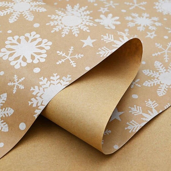 10 m Kraft White Snowflake -käärepaperirulla, 100 % kierrätettävä ekologinen lahja syntymäpäivälahjaksi joulukoristeisiin (10 m x 44 cm) snowflake