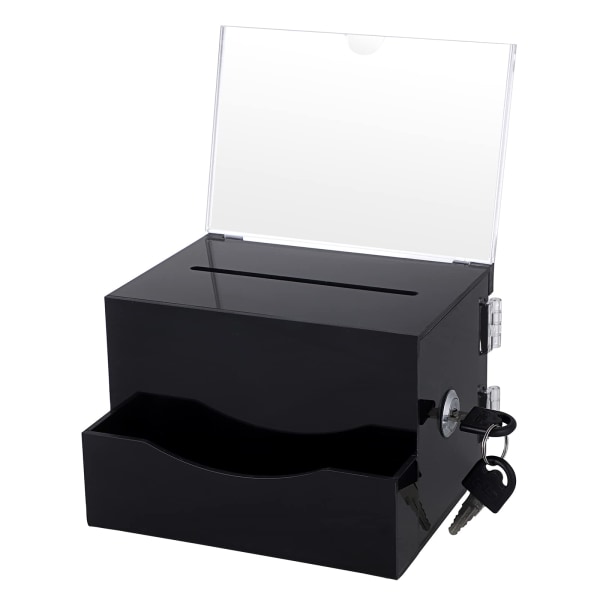 Visitkortslåda i akryl, valurna med lås, donationslåda med skylthållare, förvaringslåda för förslagslåda, svart