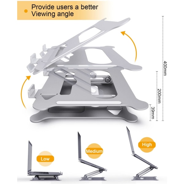 Bærbar computerstand til skrivebord, sammenklappelig, bærbar computerstand justerbar højde med varmeventil, bærbar computerstativ kompatibel med 17\" bærbare computere, sølv silver