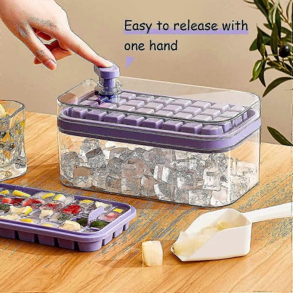 Isbitsform med lock och behållare, 2-pack för frys, 64 st isbitsformar (lila) purple