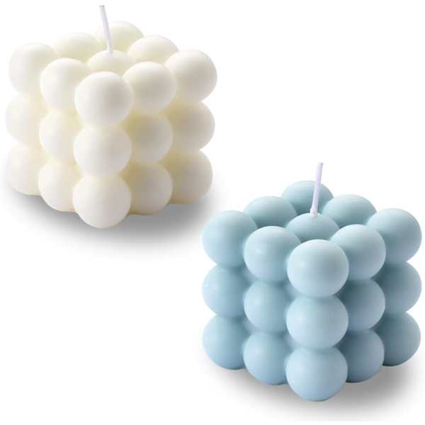 Bubbelstearinljus - Kubformade Sojavaxljus, Heminredning, Doftljusset 2-pack, Hembruk och Present (Vit+Blå)