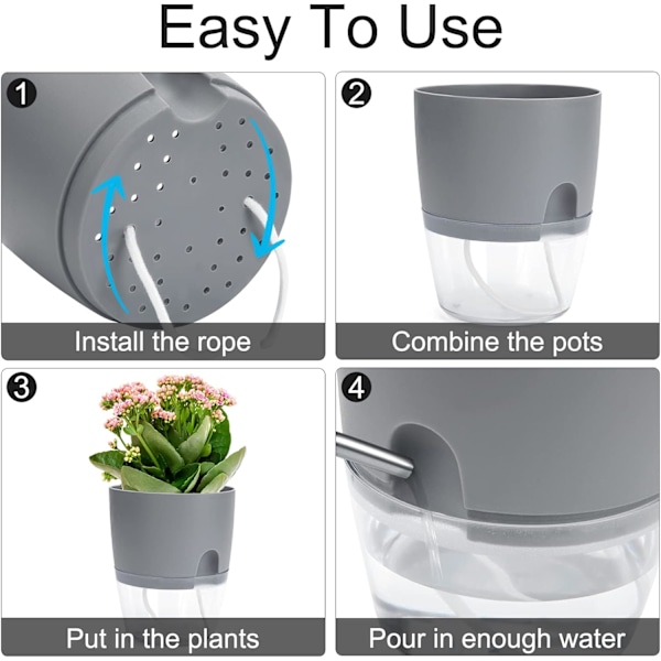 Indendørs automatisk vanding blomsterpotte, blomsterpotter med vandingssystem grå (4stk) Grey