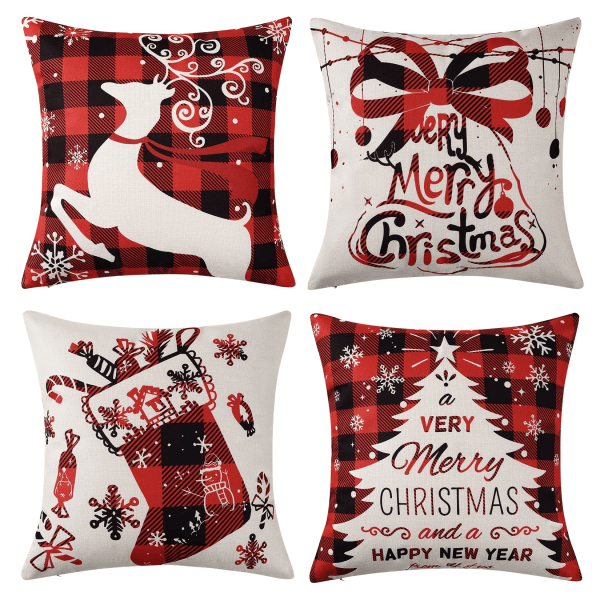 4 kpl jouluisia tyynynpäällisiä cover sohvalle jouluhuonekoristeisiin 18 x 18 puuvillainen pellava punainen koristeellinen jouluneliötyynyliina Red