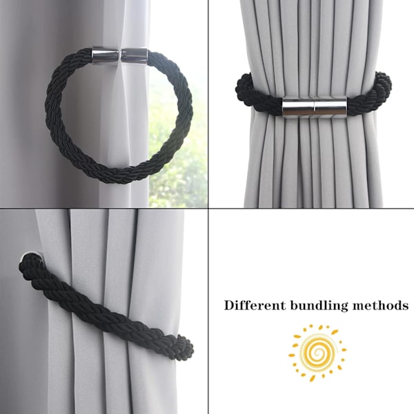 Magnetiske gardinholdere, 2 stk. Moderne enkelhedsgardin reb holdere med stærk magnet, til tynde eller tykke gardiner til hjemmet og kontoret (sort) Black