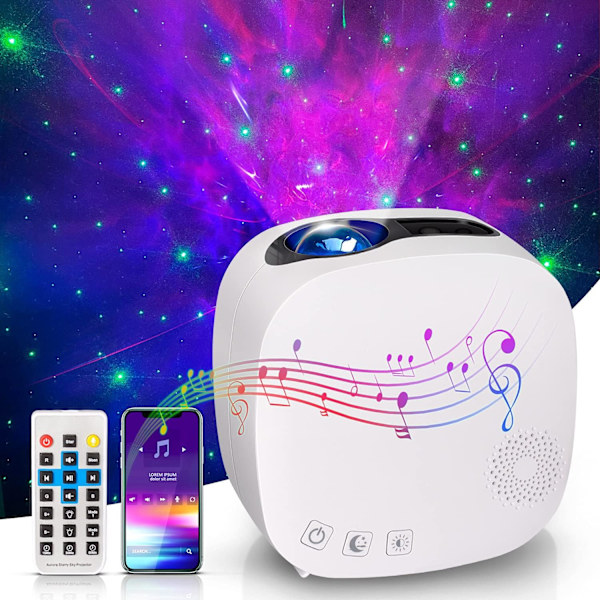 Stjernehimmel-projektor, stjerneprojektor nattlys barn, lampe LED-projektor med bluetooth og høyttalerfestbelysning