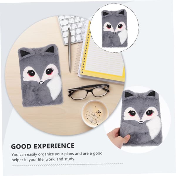 Børneplys Dagbog Plys Notebook Journal med Lås Rejse Notebook Tegneserie Notebook Daglig Grå Dyreplys, Papir Studerende Dyr Notebook fox