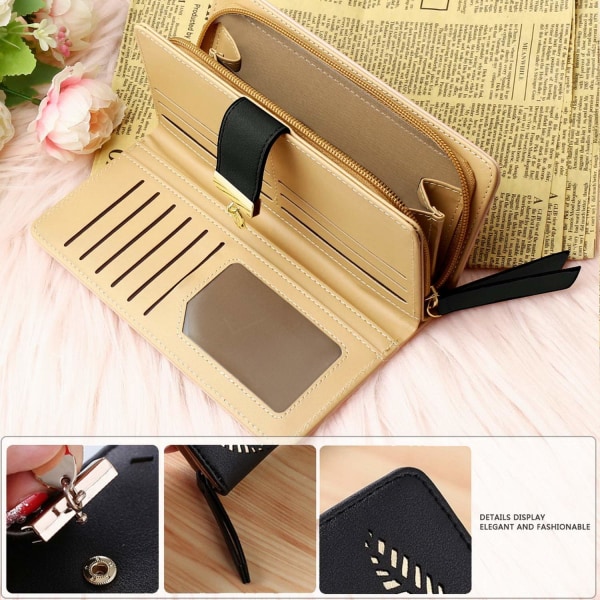 Lær lang lommebok, søt kvinner lær lommebok vesker kvinner mote lang lommebok damer lommebok clutch holder etui blad anheng mynt glidelås lang lommebok