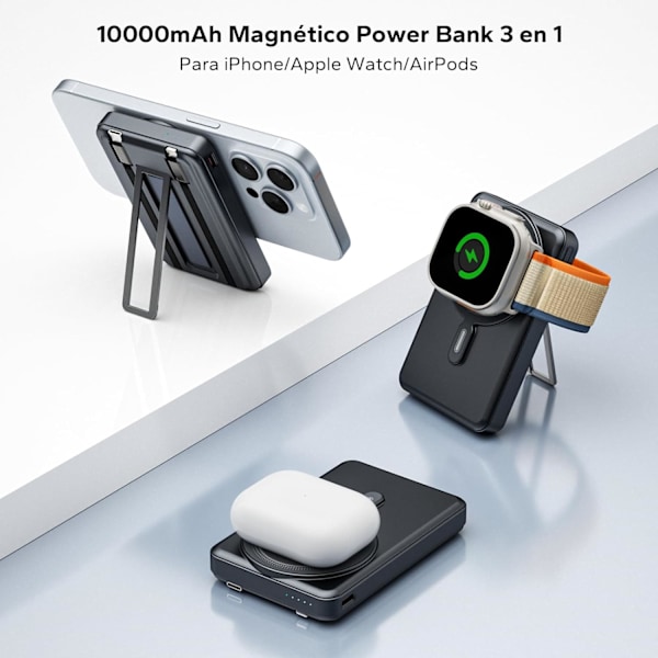 Magnetisk Powerbank 10000mAh 3 i 1 Sammenleggbar Trådløs Magnetisk Powerbank for Apple Watch og iPhone 20W PD Induktiv Hurtiglading med LED-Display