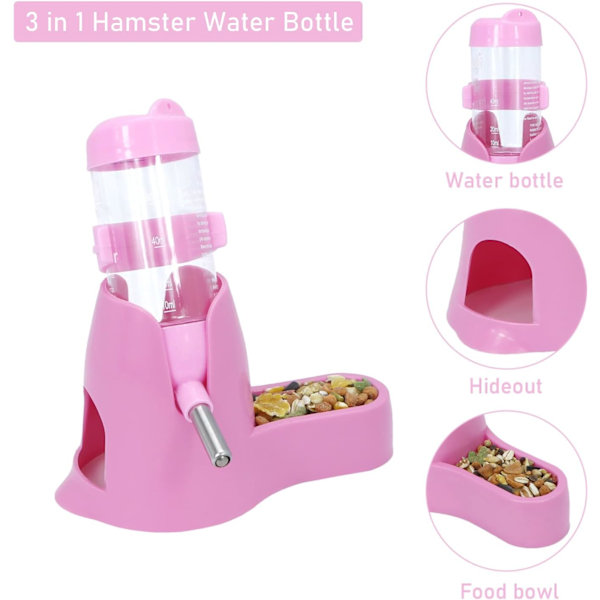 3-i-1 Hamsterhängande Vattenflaska Djur Automatisk Dispenser med Bas för Dvärghamster Mus Råtta Igelkott (80ML, Rosa)