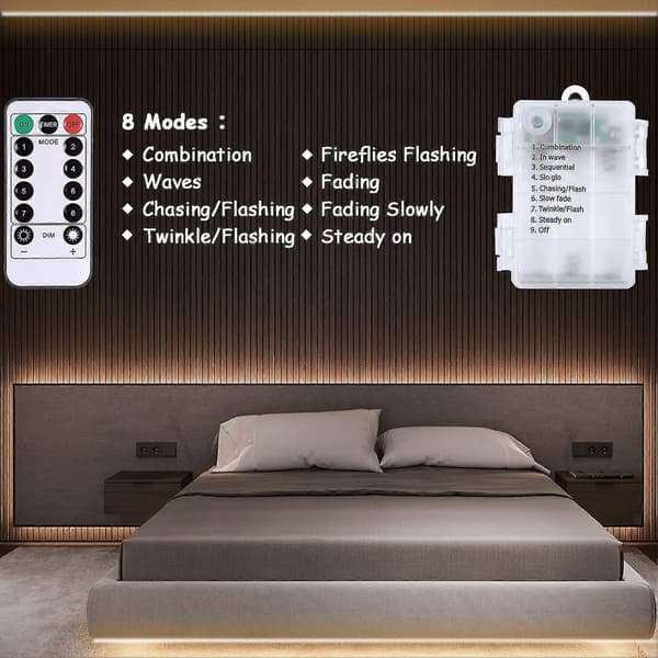 3m Batteridrevne LED-lysstrimler med fjernkontroll, 90 LED-lys, vanntett, 8 moduser, dimmbar, timer
