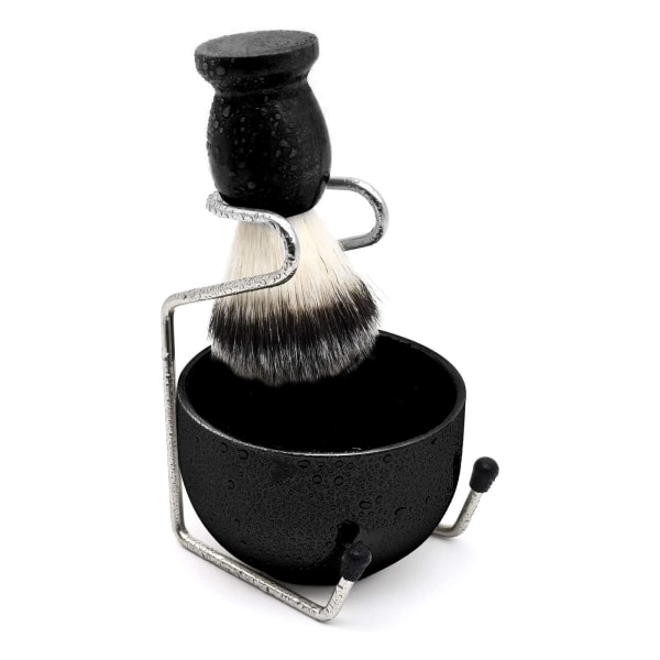 Barbersett for menn, barberhøvel og børsteholder i rustfritt stål Såpeskål krus Grevlinghår skjeggbørste, våtbarbersett - 3 deler (svart)