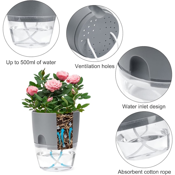 Självbevattnande blomkruka för inomhusbruk, blomkrukor med bevattningssystem grå (4 st) Grey