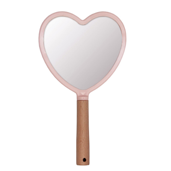 Sminkhandspegel, liten handhållen spegel i trä, bärbar resespegel för kosmetika för män och kvinnor, 14 x 23 cm (B x L) Heart-shaped
