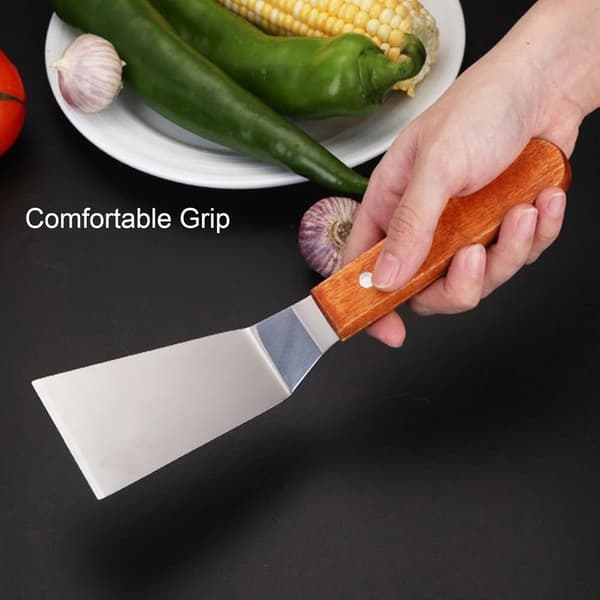 Rustfritt stålspatel, metallspatler, skraper for støpejernspanne, grillspatel med treskaft, hullåpning elastisk spade