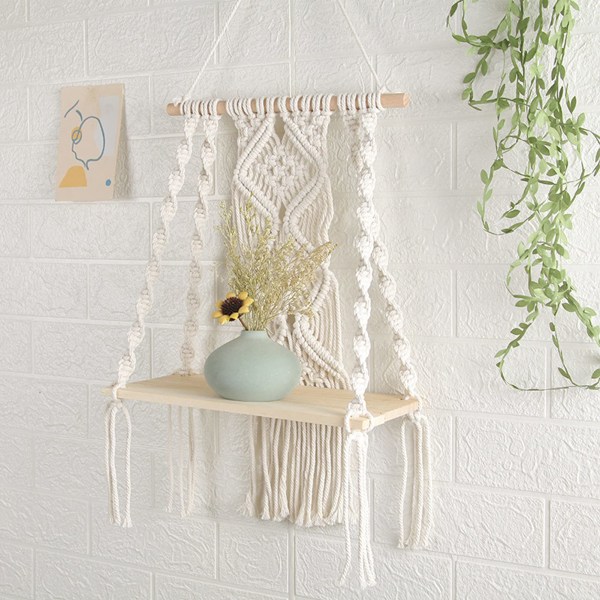 Boho veggmontert hylle i flettet tre, bohemsk macrame veggmontert hylle for stue