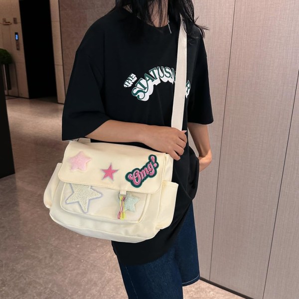 Söt Messenger-väska, estetisk crossbody-väska i canvas, Star Shoulder-väska för flickskola för kvinnor White