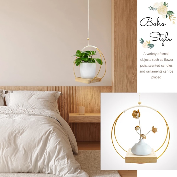 Hängande planter med träbas, Macrame hängande växtkruka, Dekorativ blomkrukahållare, Växt hängande kruka för vägg, fönster, Boho heminredning gold