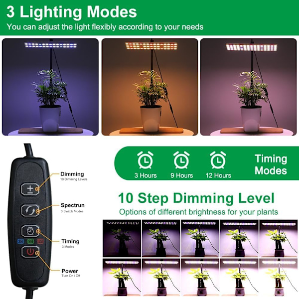 Fullspektrum LED Vekstlys med Stativ, Høydejusterbart Innendørs Plantelys, Gulvlampe med 3T/9T/12T Timer, 3 Moduser og 10 Dimmenivåer
