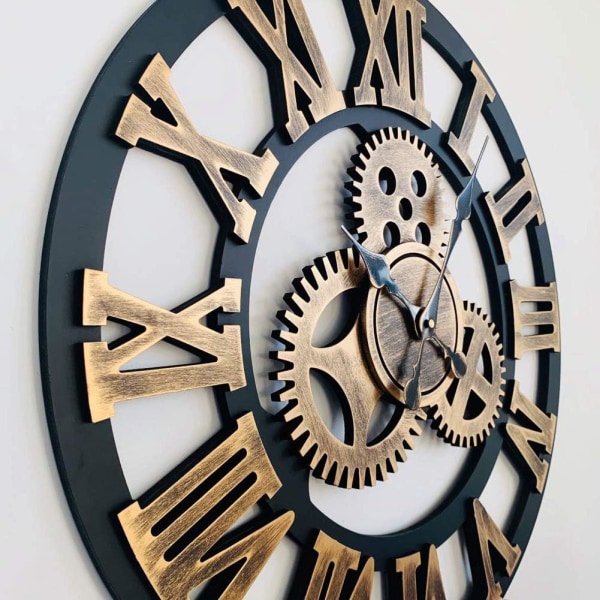 3D Suuri Klassinen Vintage Puinen Hiljainen Seinäkello, Retro Vaihde Riippuva Kello Roomalaiset Numerot Kellot, Kulta, 40 * 40cm Gold
