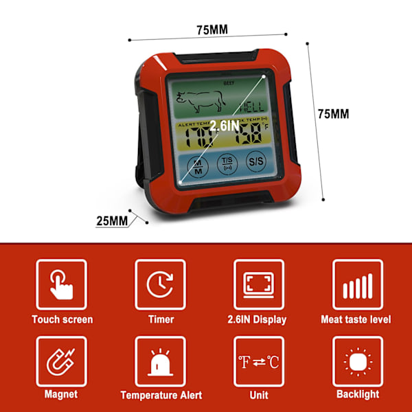 Digitalt kjøttsensor med smaksstilling, timer, alarm og magnetisk bakside, 1 ledningsprobe som kan stå igjen i ovnen, grillsikker, BBQ-røyker, kjøkkenmattermometer
