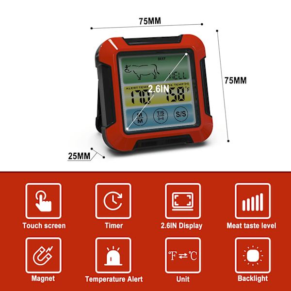 Digitalt Kødmåler med Smagindstilling, Timer, Alarm og Magnetisk Bagside, 1 Trådløs Sonde Tilbage i Ovn Grill Sikker BBQ Ryger Køkken Madtermometer