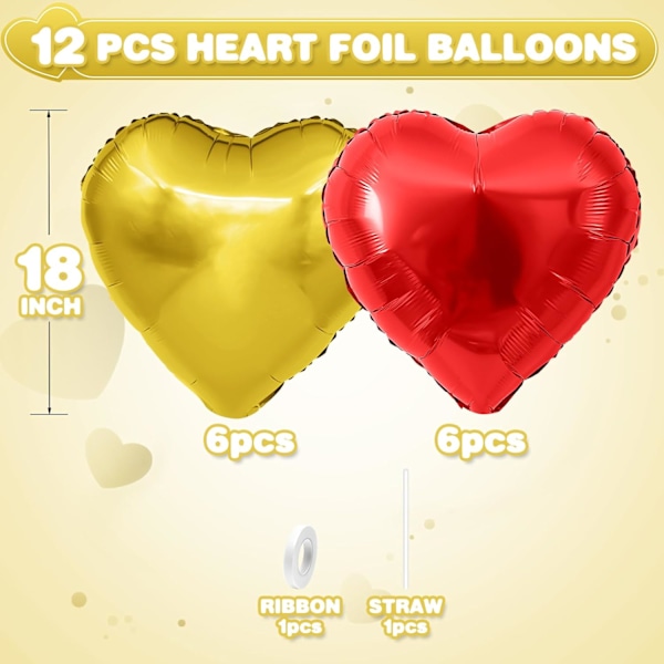 12 kpl Punaisia Sydämen Muotoisia Folioballooneja, 18 tuuman Kultaisia Mylar-Ballooneja Vauvan Syntymäpäiville, Hääjuhliin ja Muihin Koristeluihin, Punainen Kulta