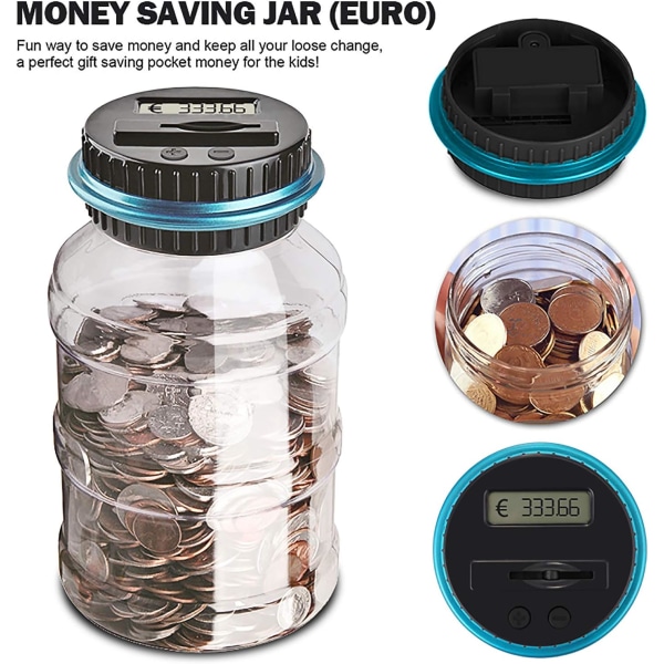 Elektroninen rahalaatikko, Creative Digital Coin Jar Automaattinen kolikon laskuri Money Bank -säästölaatikko LCD-näytöllä, 1,8 litran suuri kapasiteetti kolikoille, lapsille
