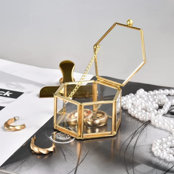 Ringboks ringboks glas smykkeskrin geometrisk opbevaring ringe øreringe kæder til stue bryllup gold