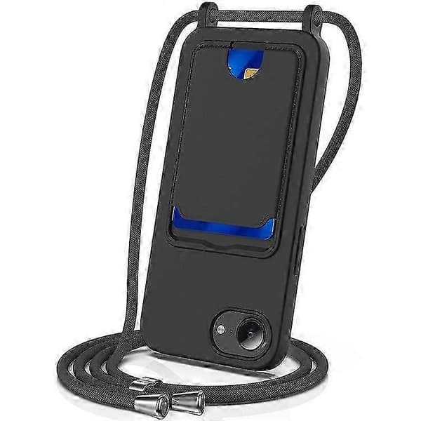 Flydende silikone etui med kortholder og lanyard til iPhone 16e Black