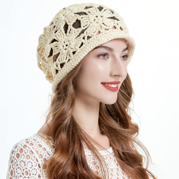 Damen Sommer Strickmützen Handgemacht Häkelmütze Slouch Beanie Mütze beige