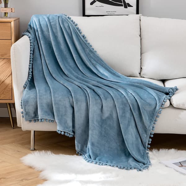 Blød tæppe, fleece tæppe, flanel tæppe med pomponer, almindeligt tæppe, sofatæppe, fluffy tæppe, mikrofiber sengetæppe, sofatæppe, tæppe blue