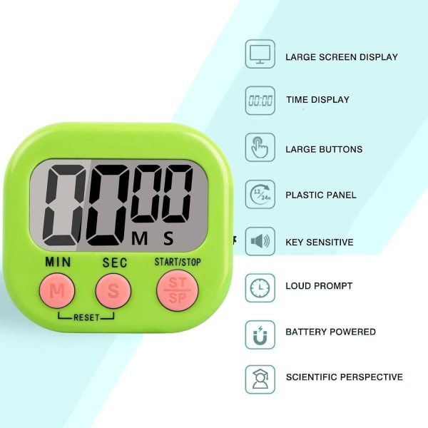 2 ST Kökstimer magnetisk, digital timer med högt larm för barn, tidstimer med stativ för studier, arbete, träning, matlagning (grön) Green