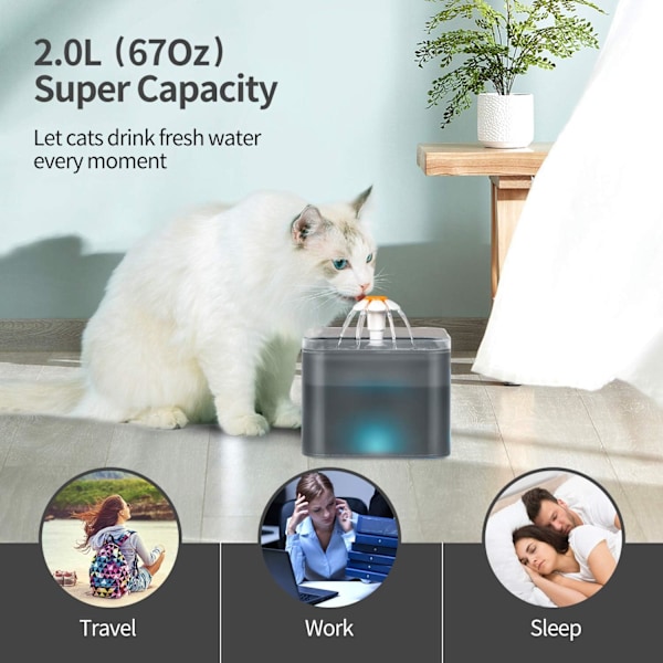 Vandfontæne til katte og hunde med LED, ultra-stille automatisk vanddispenser med 2L kapacitet og 3 aktiverede kulfiltre