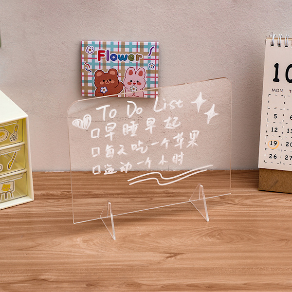 1 stk. gennemsigtig akryl dry erase tavle til skrivebord 20x15cm magnetisk ugentlig måltidsplanlægger, skrivebords whiteboard med standere og markør (gennemsigtig)