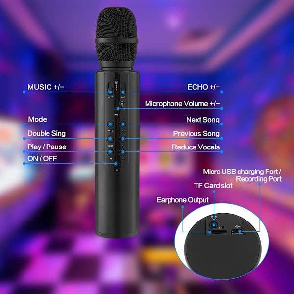 Karaoke trådlös mikrofon bärbar handhållen Bluetooth-högtalare mikrofon, trådlösa mikrofoner Karaoke-maskin Hem KTV-spelare Black