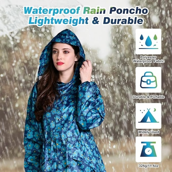 Regnjacka för kvinnor, lång regnponcho, vattentäta regnkläder, regnjacka, vindtät regnkappa, regnjacka, regnskyddskläder med lockficka L