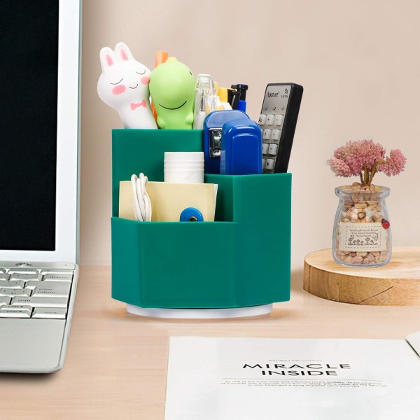 Sminkebørsteholder, penneholder, [360 grader roterbar] pennbeholder for skrivesaker med 3 rom, skrivebordsorganisering for skrivesaker, grønn Green