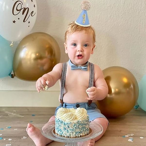 Första födelsedagshatt för bebis - 1-års kalasdekoration för bebisvisning, 1-års outfit flicka pojke, blå födelsedagshatt