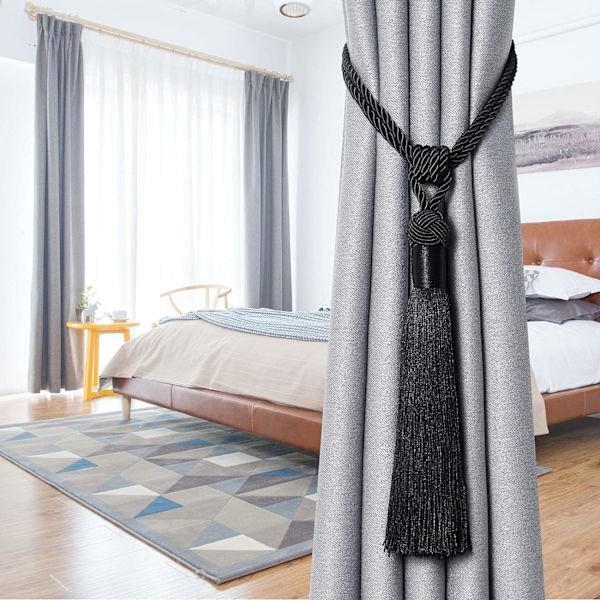 2 kappaletta pitkät hapsut verhotupsut käsintehdyt punotut köysi solmu verhotupsut koristeelliset verhot pidikkeet kotiin ja toimistoon ikkuna (musta) Black