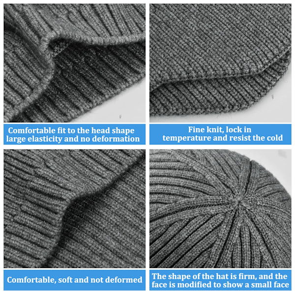 Vinterhue til kvinder, strikket hue med øreklapper til mænd, bløde huer termiske, vinterhue unisex, varm chunky hue med manchet Gray