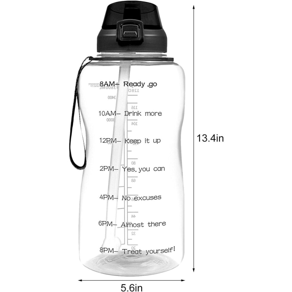 2L Vattenflaska Med Sugrör & Läckagesäker Flipplock, 2000ml Vattenflaska BPA-Fri Med Tidsmarkör Transparent