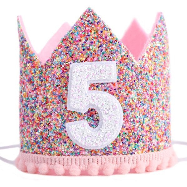 Regnbågskrona - 5-års födelsedagsfest Glitterkrona, Barnhattar, Babyfotorekvisita, Krondekoration, Små flickors håraccessoarer
