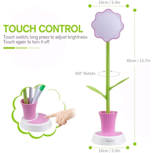 Børne skrivebordslampe, kreativ LED genopladelig skrivebordslampe øjenbeskyttelse touch sensor bordlampe dæmpbar sengebordslampe med penneholder Pink