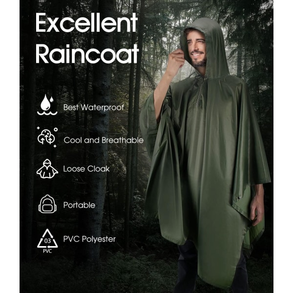 Vanntett regnkappe-regnfrakk, regnponcho for utendørs campingreiser, regntøy med hette med nødhjørner for lybruk (ArmyGreen) ArmyGreen